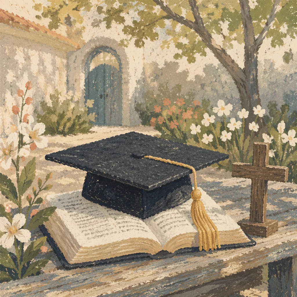 Graduation Cap on Bible with Wooden Cross