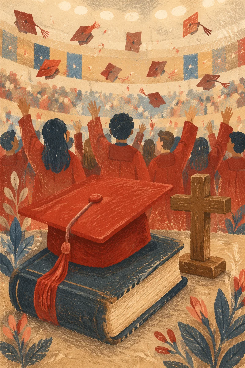 Red Graduation Cap on Bible with Cross