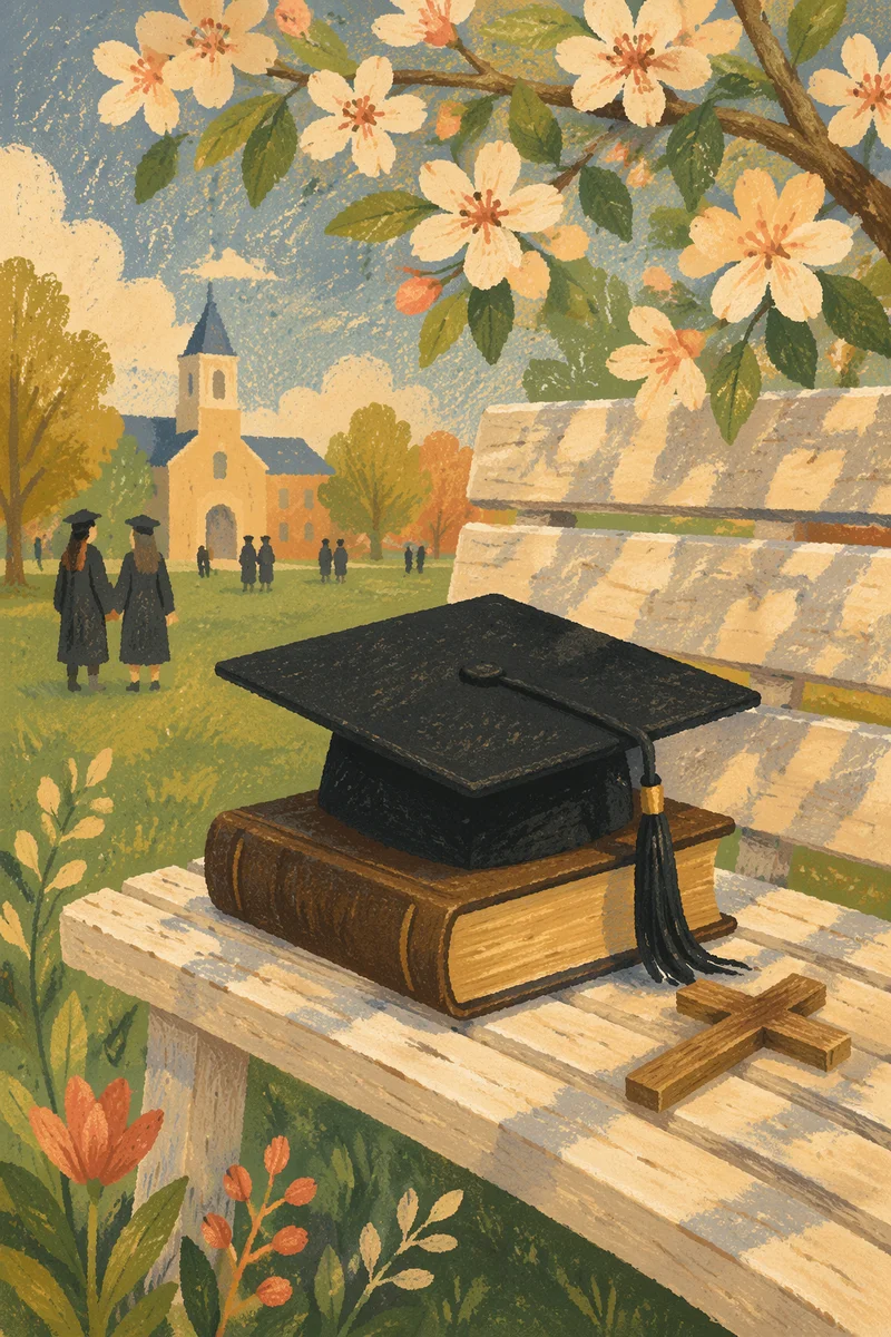 Graduation Cap, Bible, and Cross in Spring