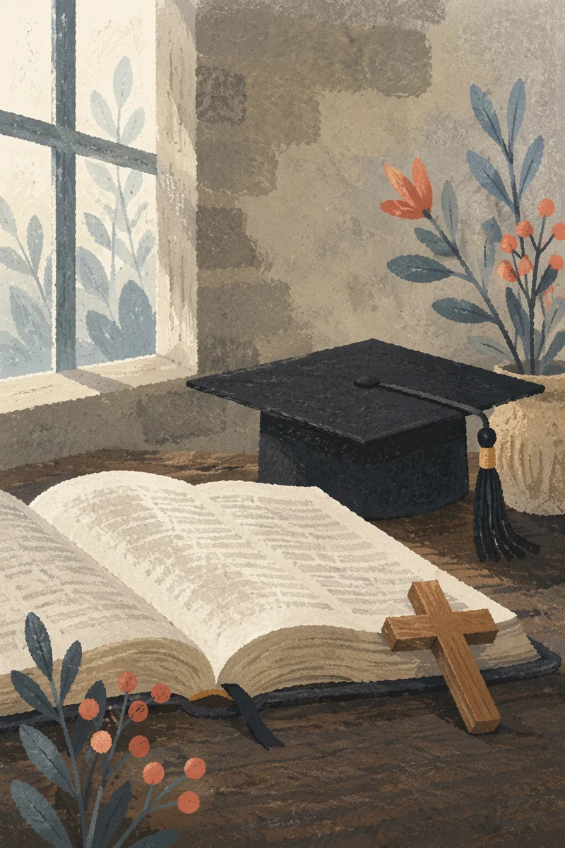 Graduation Cap Beside Bible and Cross