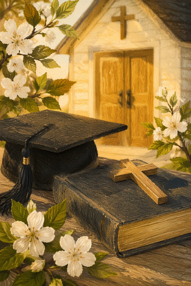 Graduation Cap Bible and Cross at Chapel