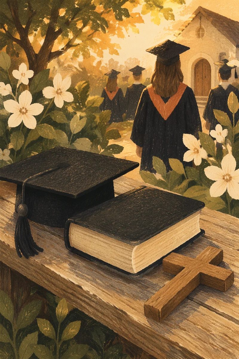 Graduation Cap with Bible and Wooden Cross