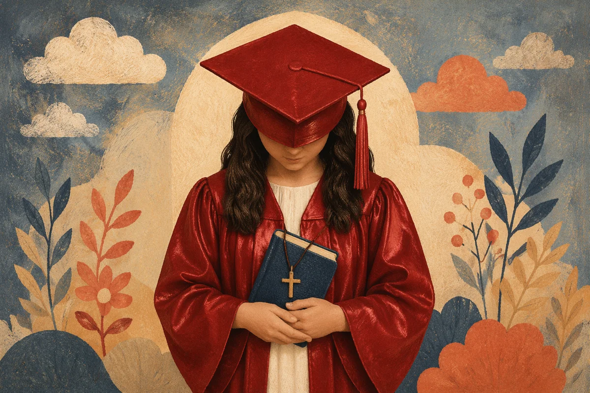 Graduate Holding Bible and Cross Charm