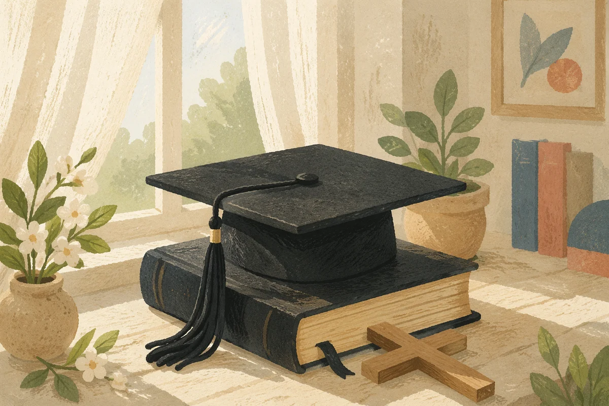 Graduation Cap on Bible with Wooden Cross