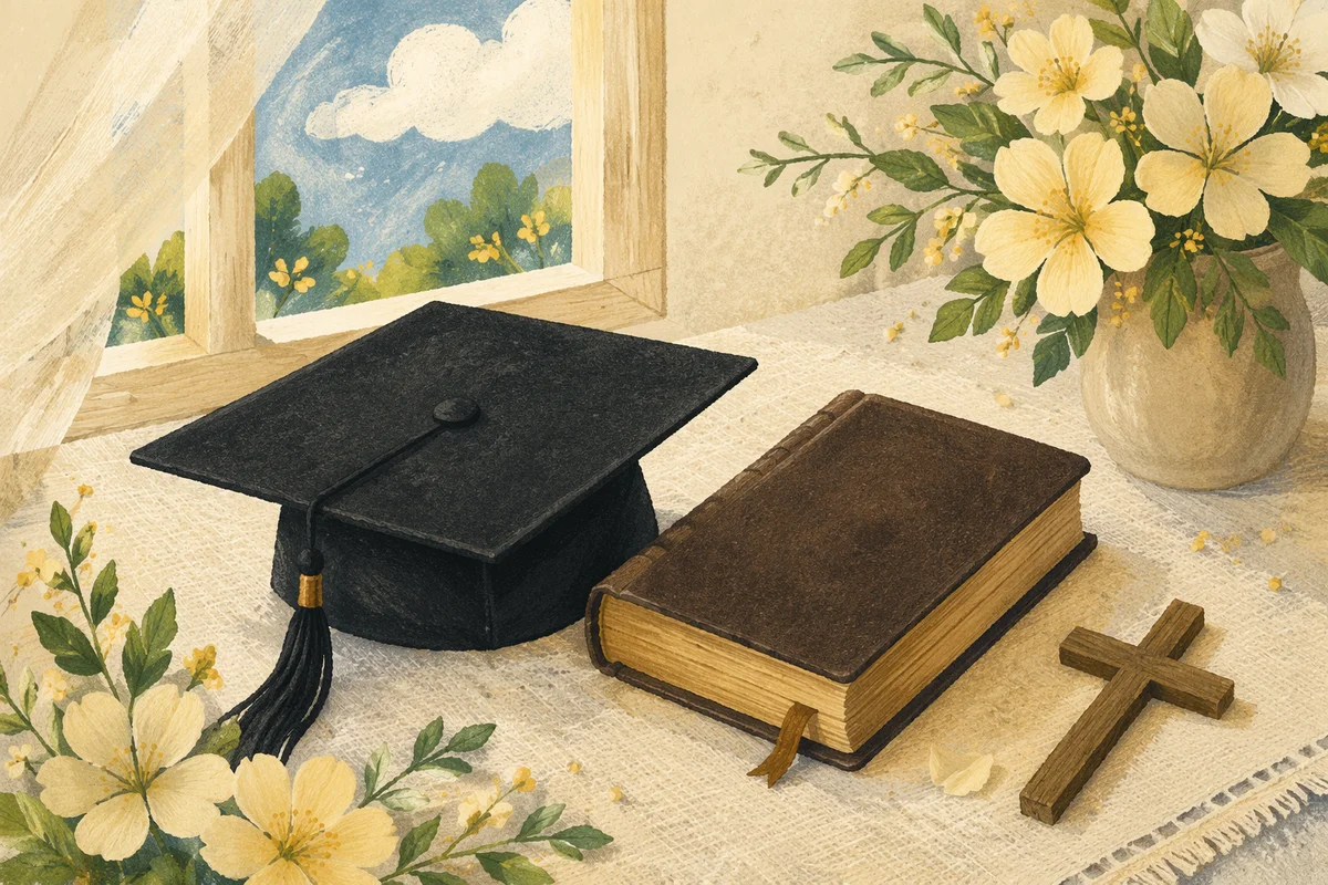 Graduation Cap Bible and Cross Spring Flat Lay