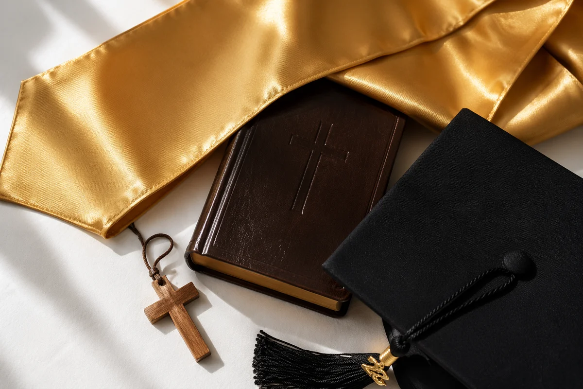 Christian Graduation Cap Bible Cross Flat Lay
