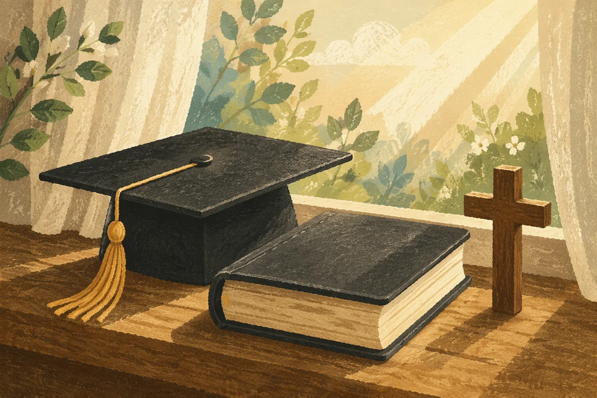 Graduation Cap Bible and Cross on Windowsill