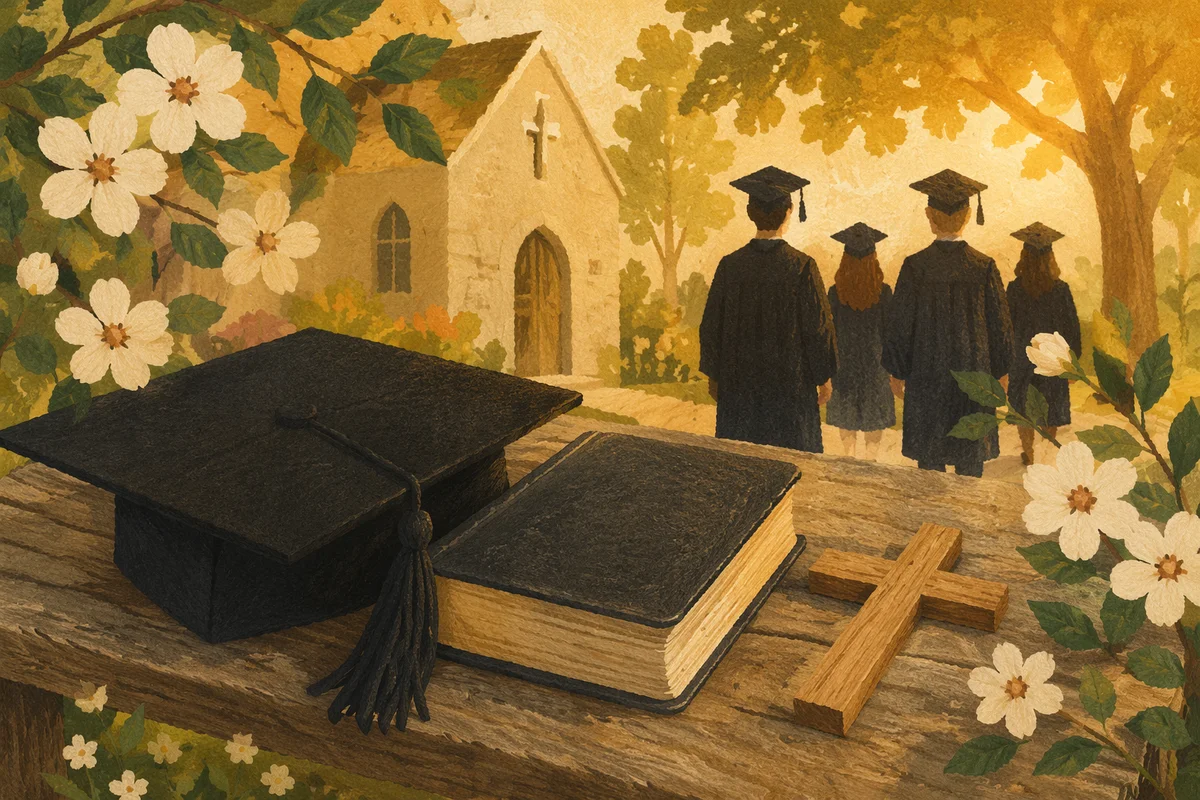 Graduation Cap Bible and Cross in Chapel Garden