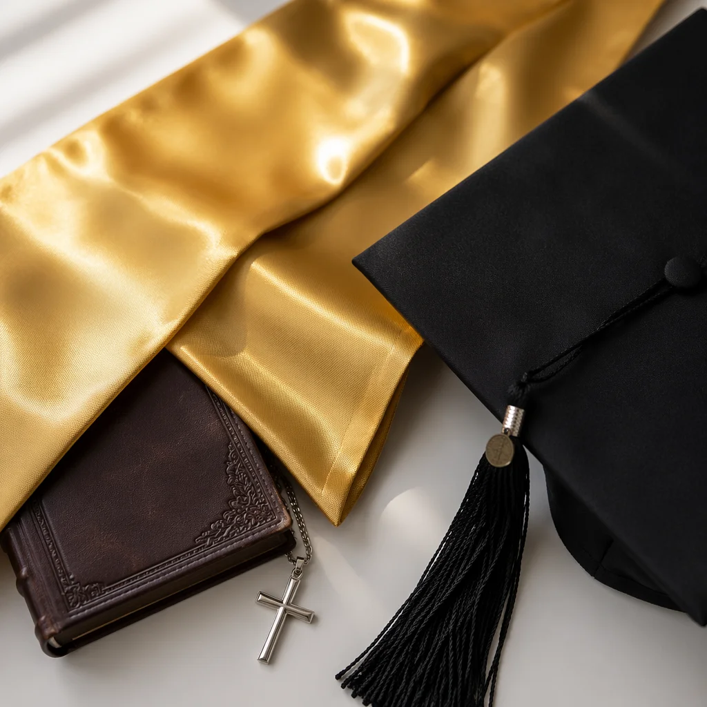 Christian Graduation Cap Bible and Cross Flat Lay