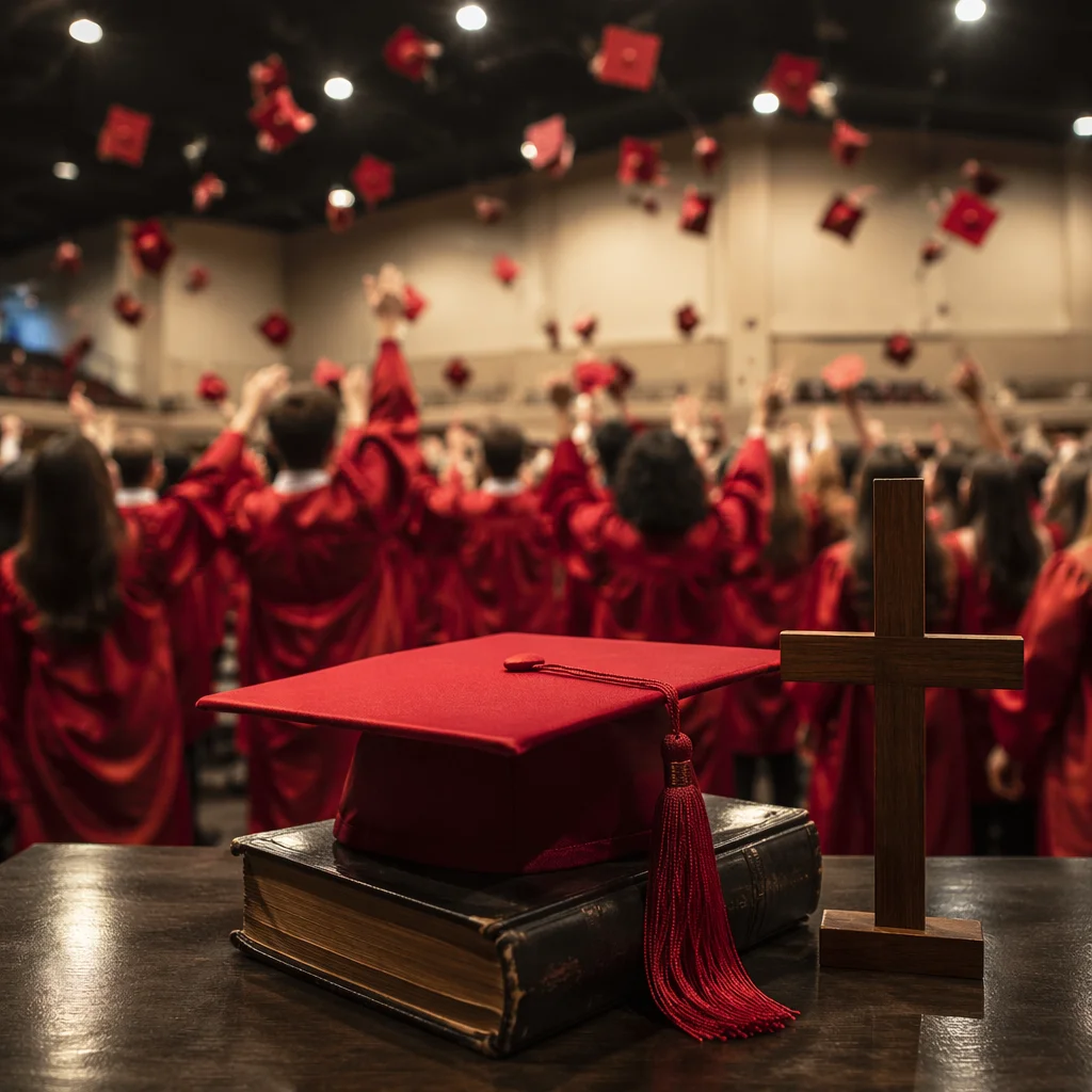 Graduation Cap on Bible With Wooden Cross