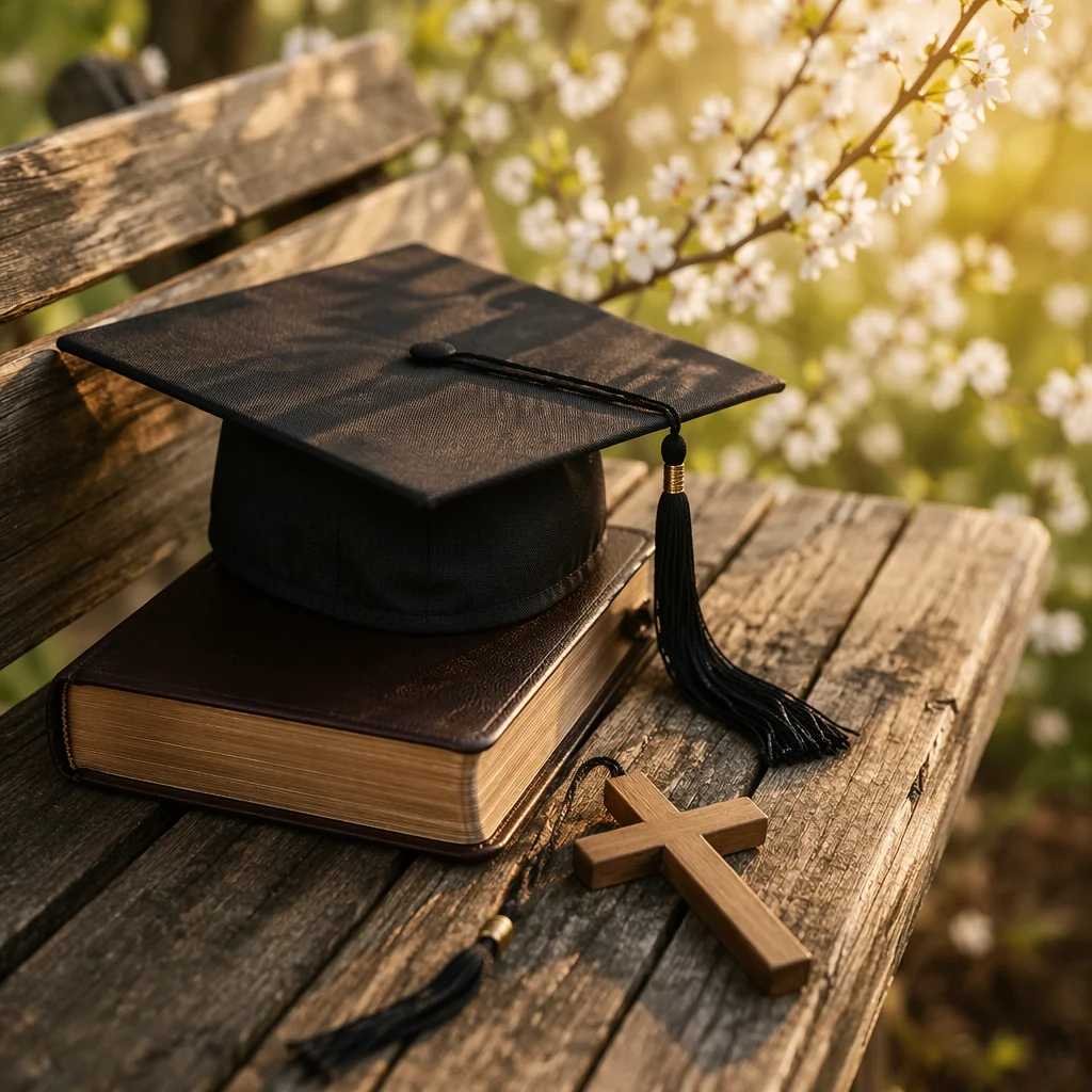 Graduation Cap on Bible with Wooden Cross