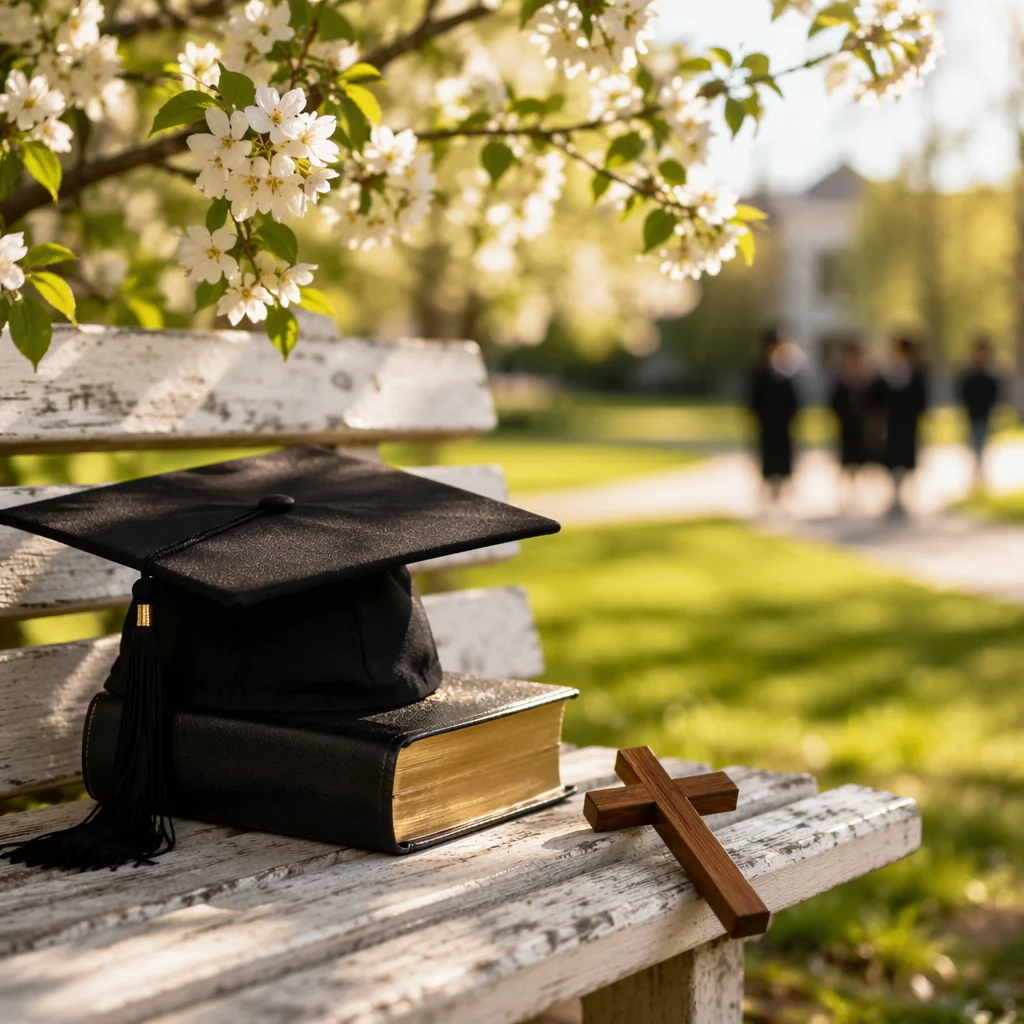 Graduation Cap on Bible with Wooden Cross