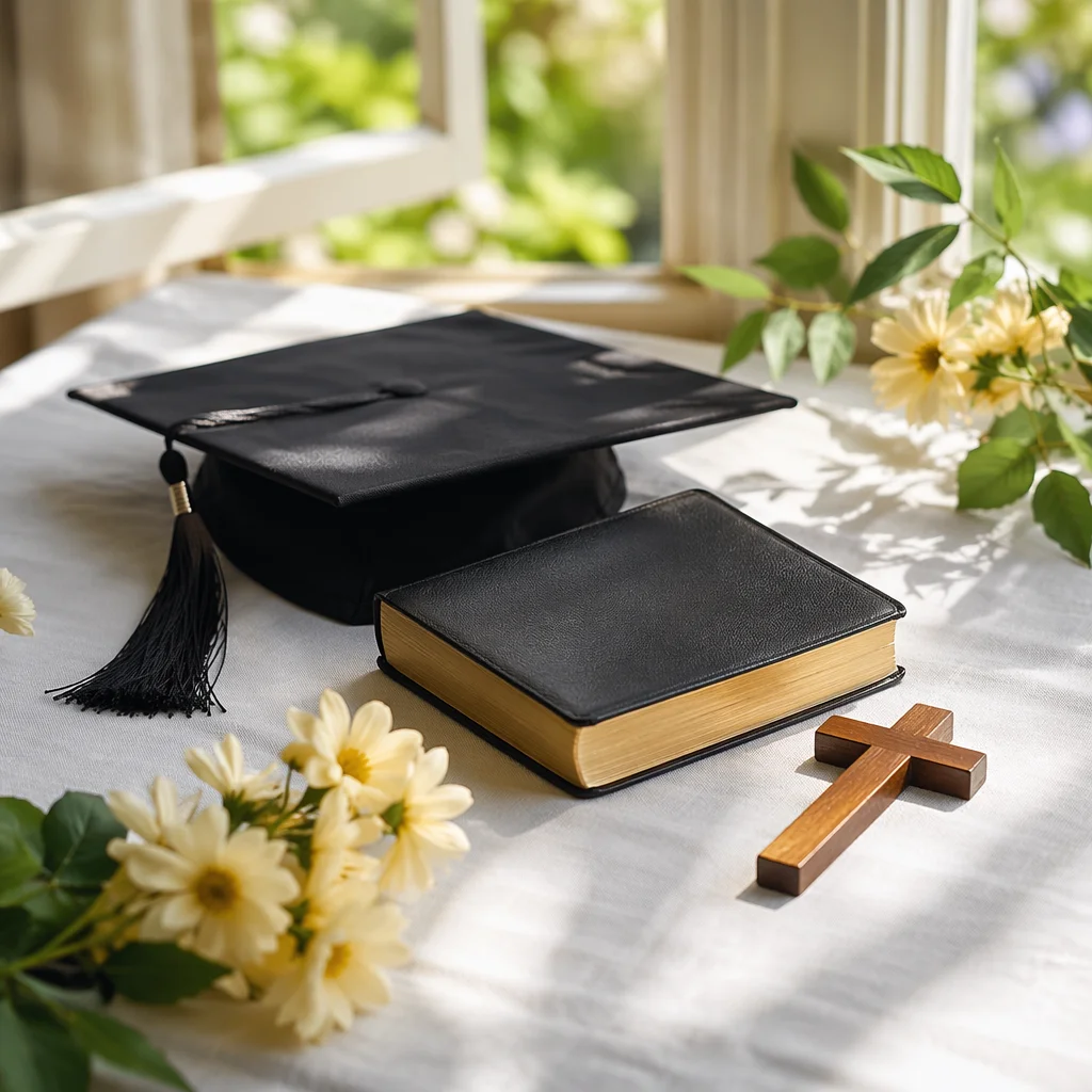 Spring Graduation Cap Bible Cross Still Life