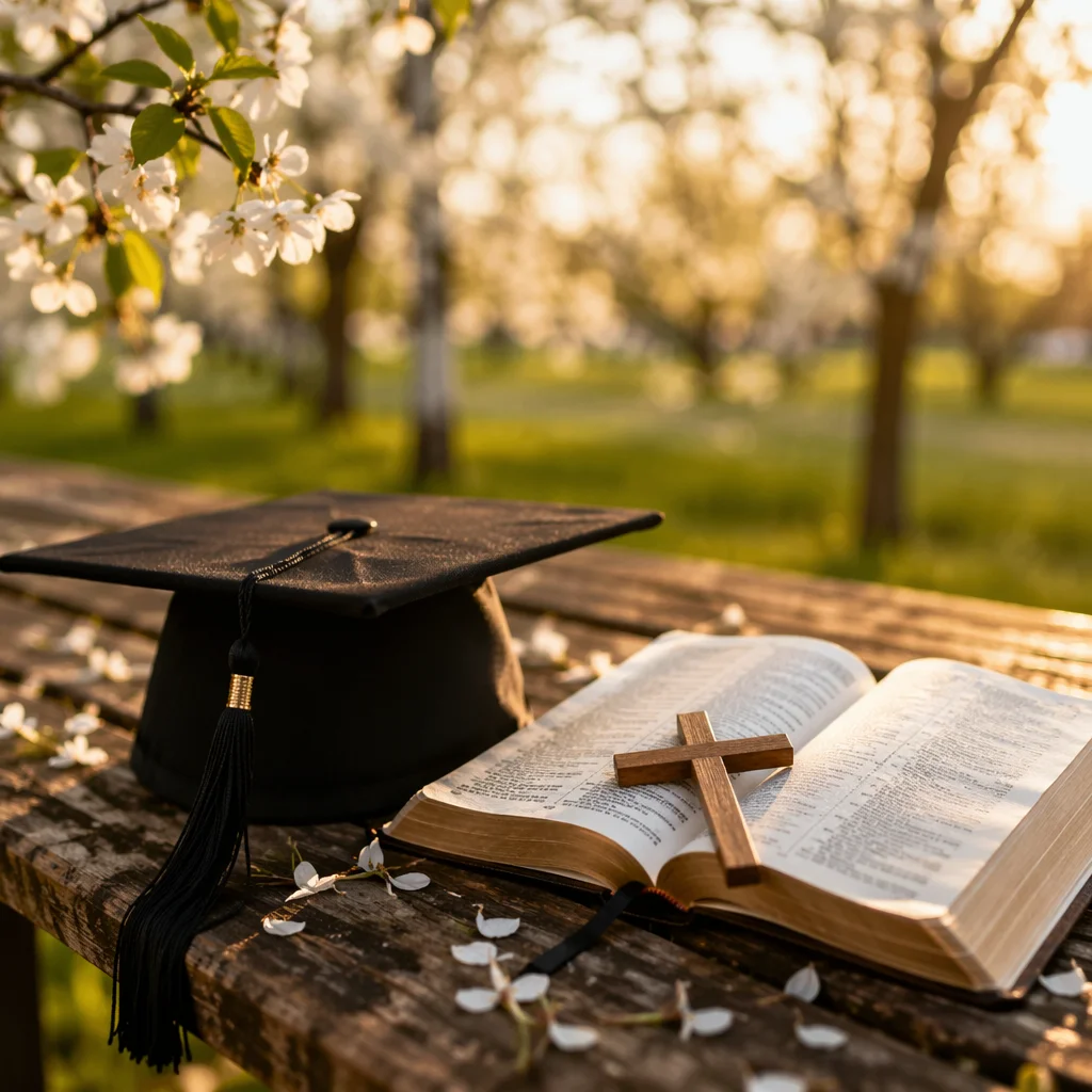 Graduation Cap Bible and Cross in Spring