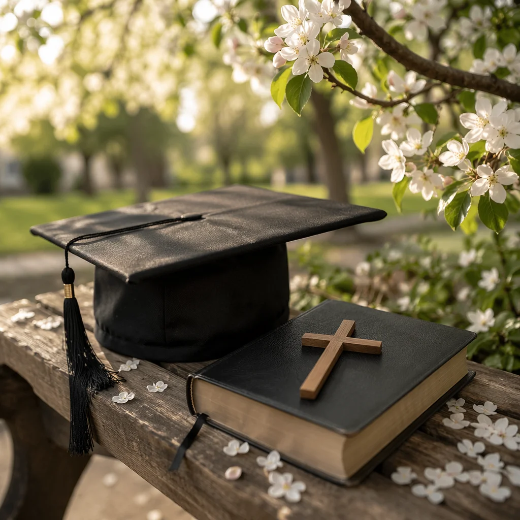 Spring Graduation Cap Bible and Wooden Cross