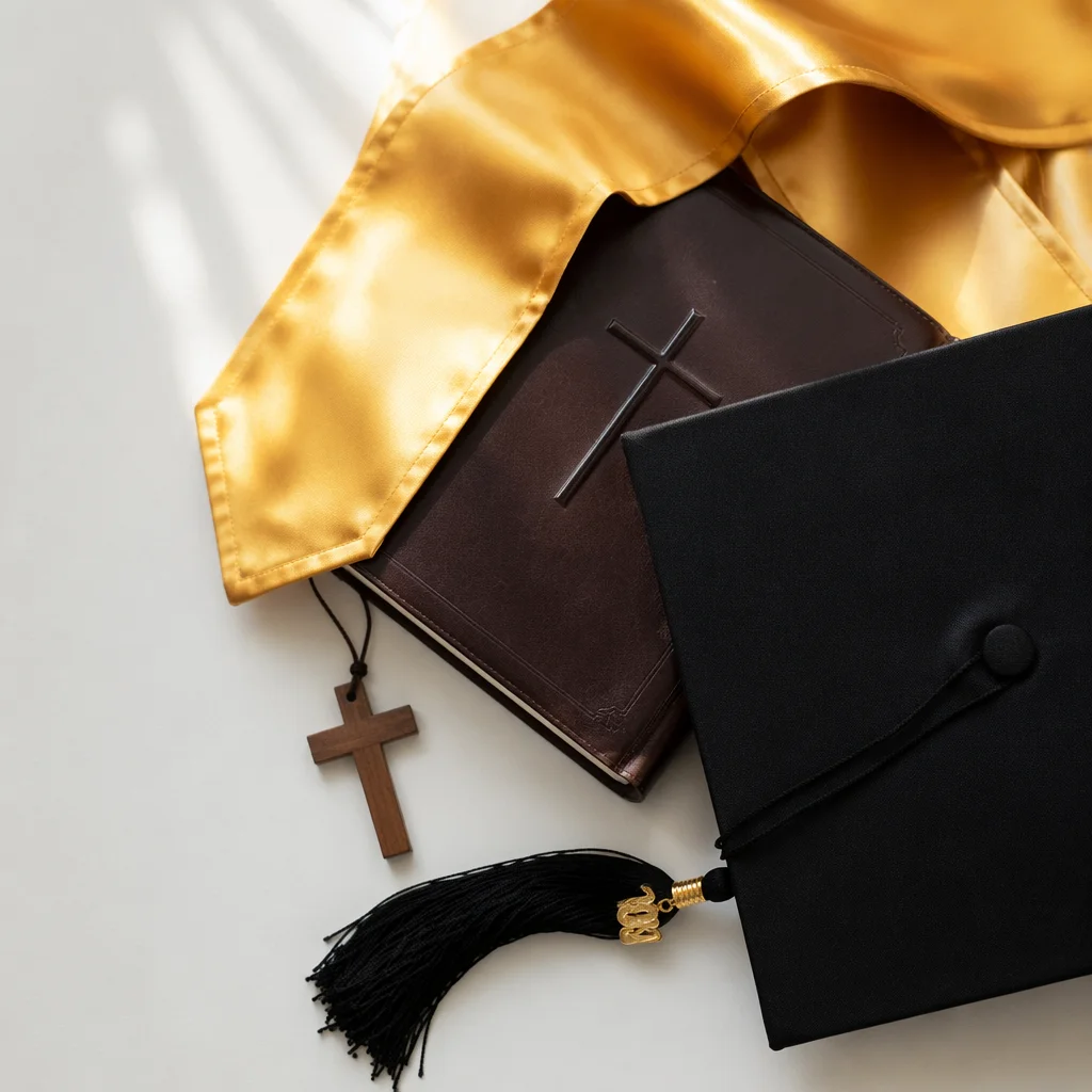 Graduation Cap Bible and Cross Flat Lay