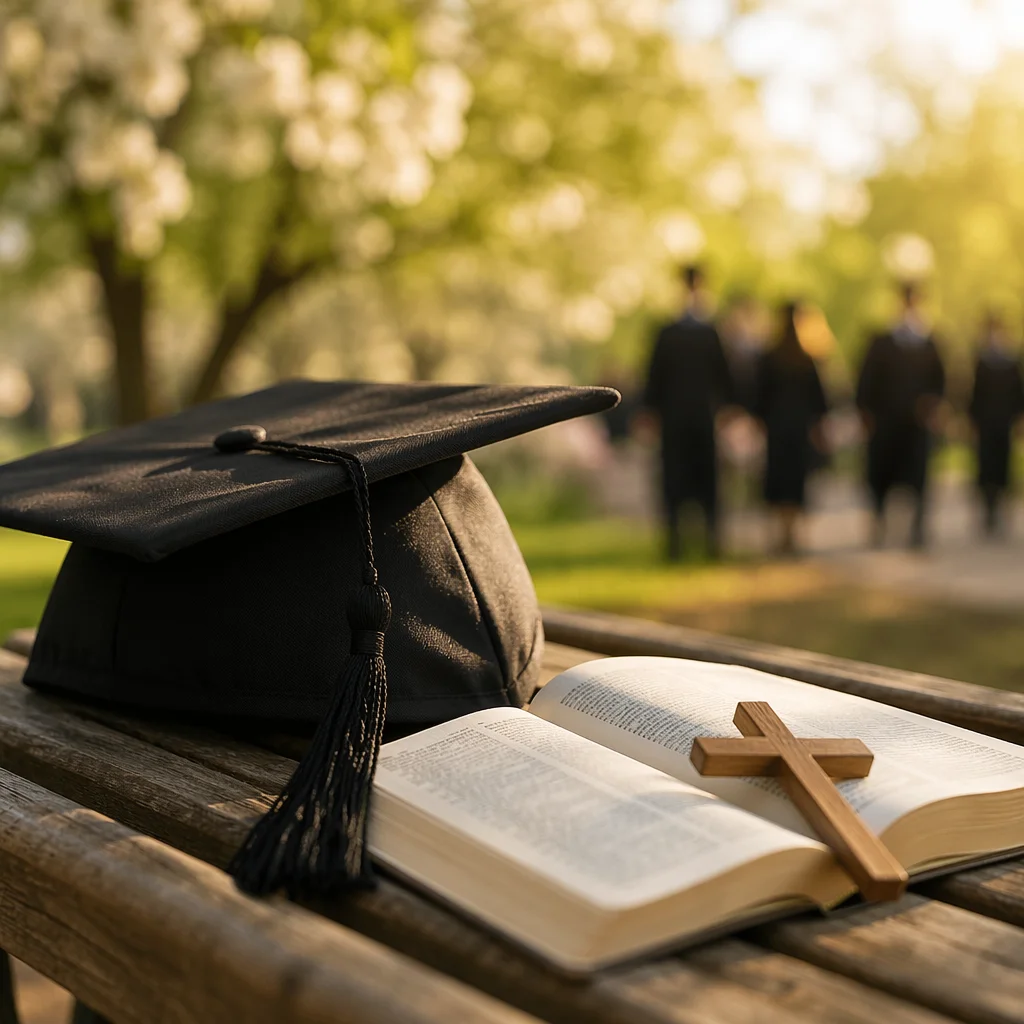 Graduation Cap Bible and Cross in Spring