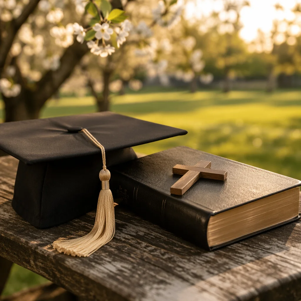 Graduation Cap Bible and Wooden Cross