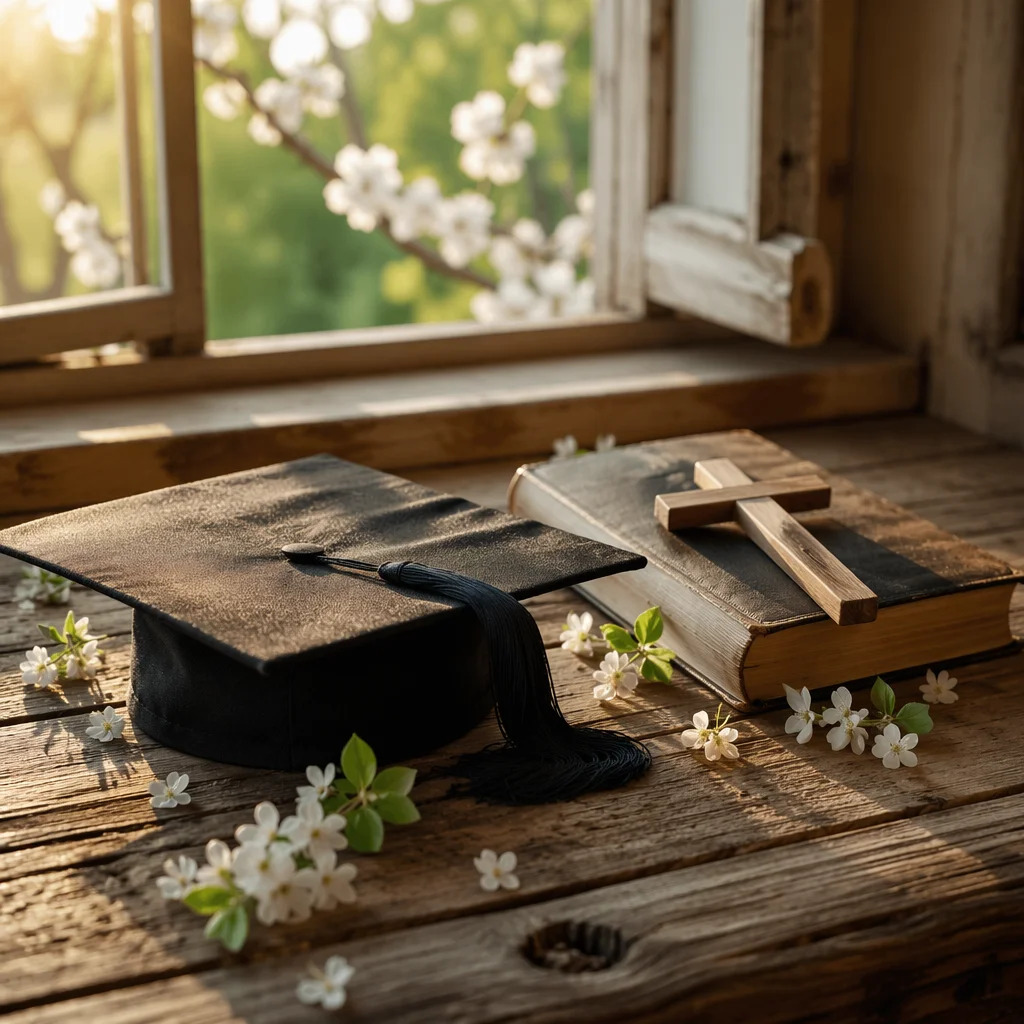 Graduation Cap Bible and Wooden Cross