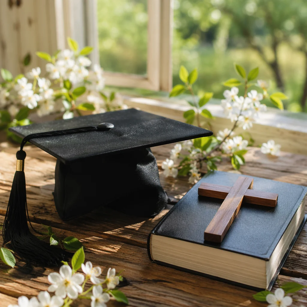 Graduation Cap Bible and Cross Still Life