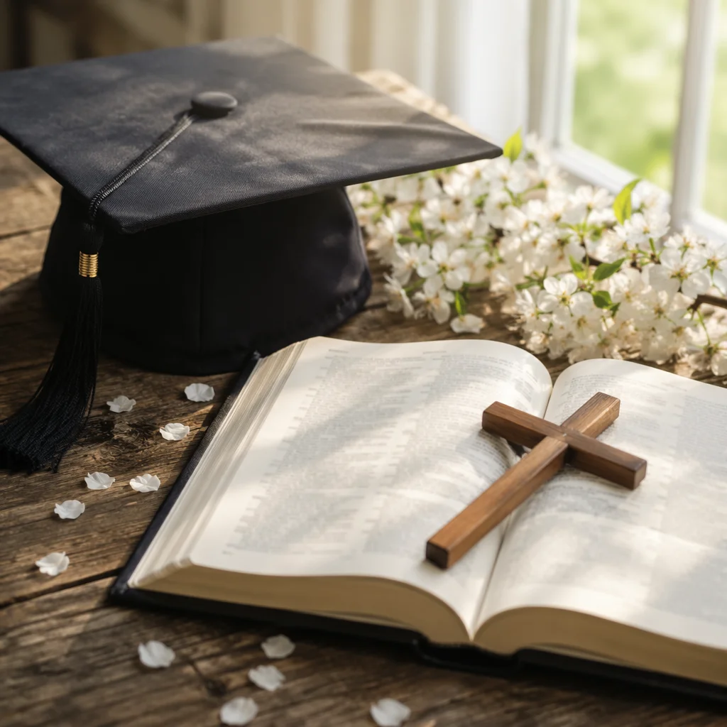 Graduation Cap, Bible and Cross Still Life