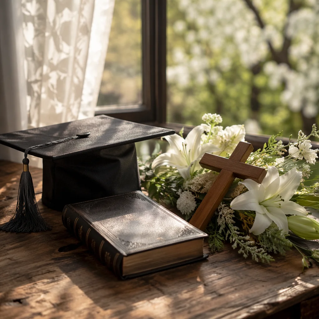 Graduation Cap, Bible and Cross Still Life