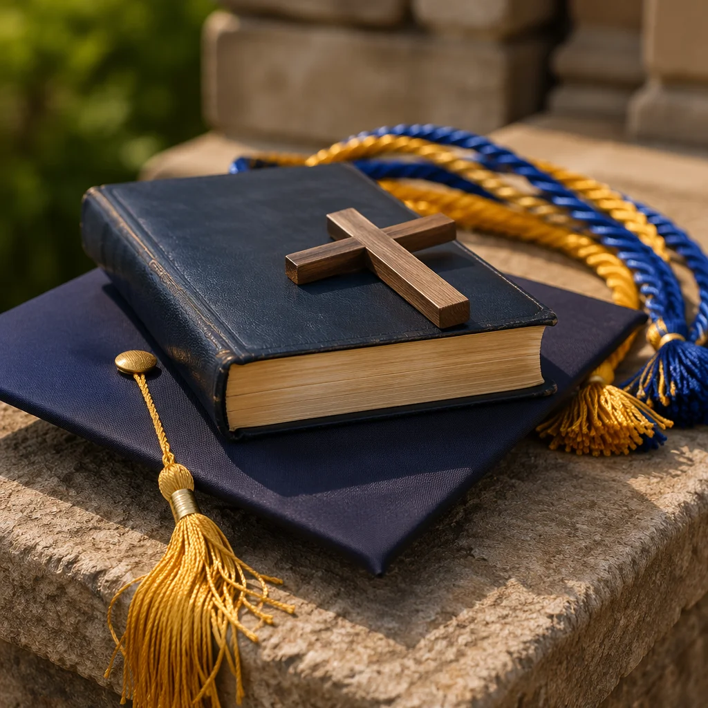 Graduation Cap Bible and Wooden Cross