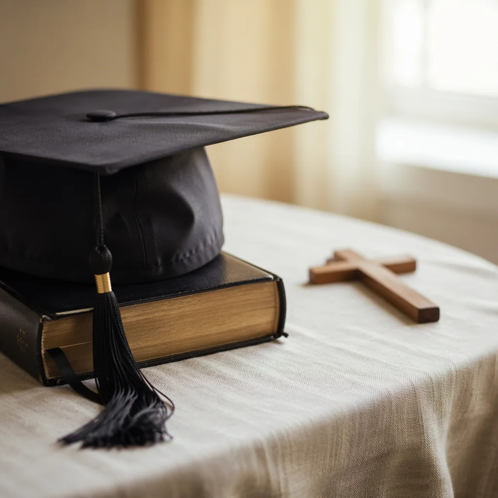 Christian Graduation Cap with Bible and Cross