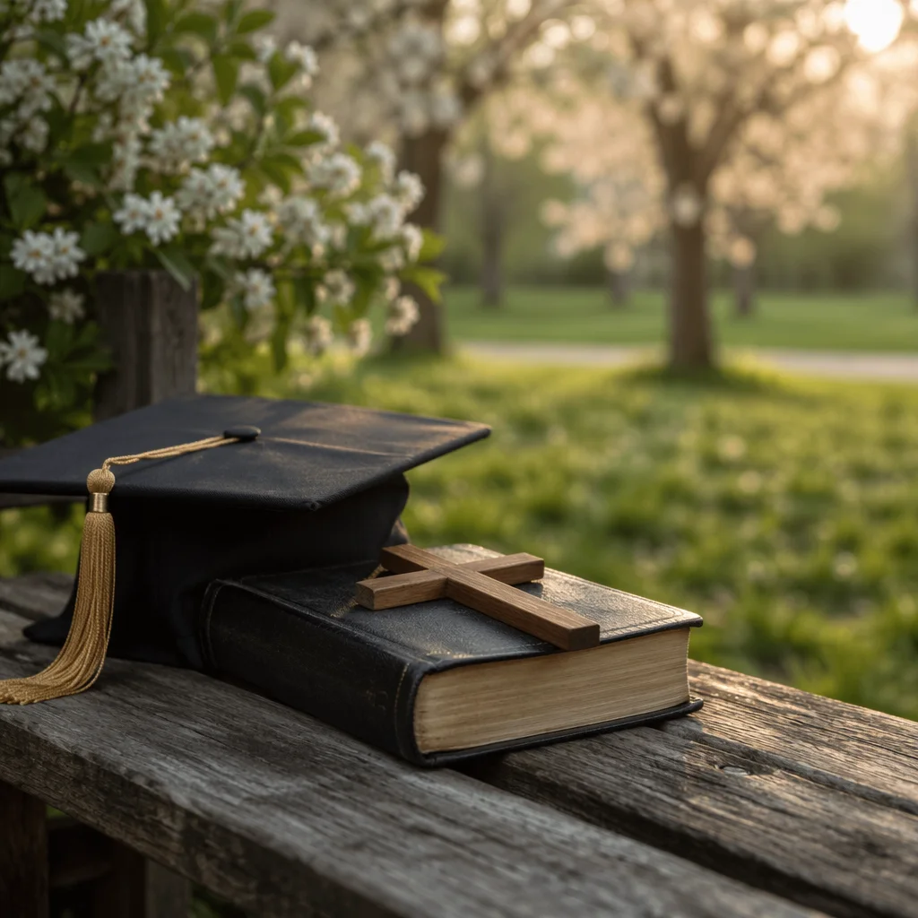 Graduation Cap with Bible and Wooden Cross