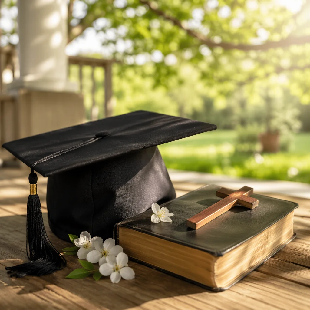 Graduation Cap Bible and Wooden Cross