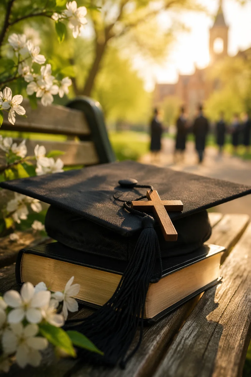 Graduation Cap Bible and Wooden Cross