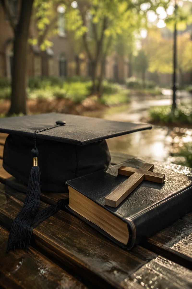Graduation Cap Bible and Cross in Spring