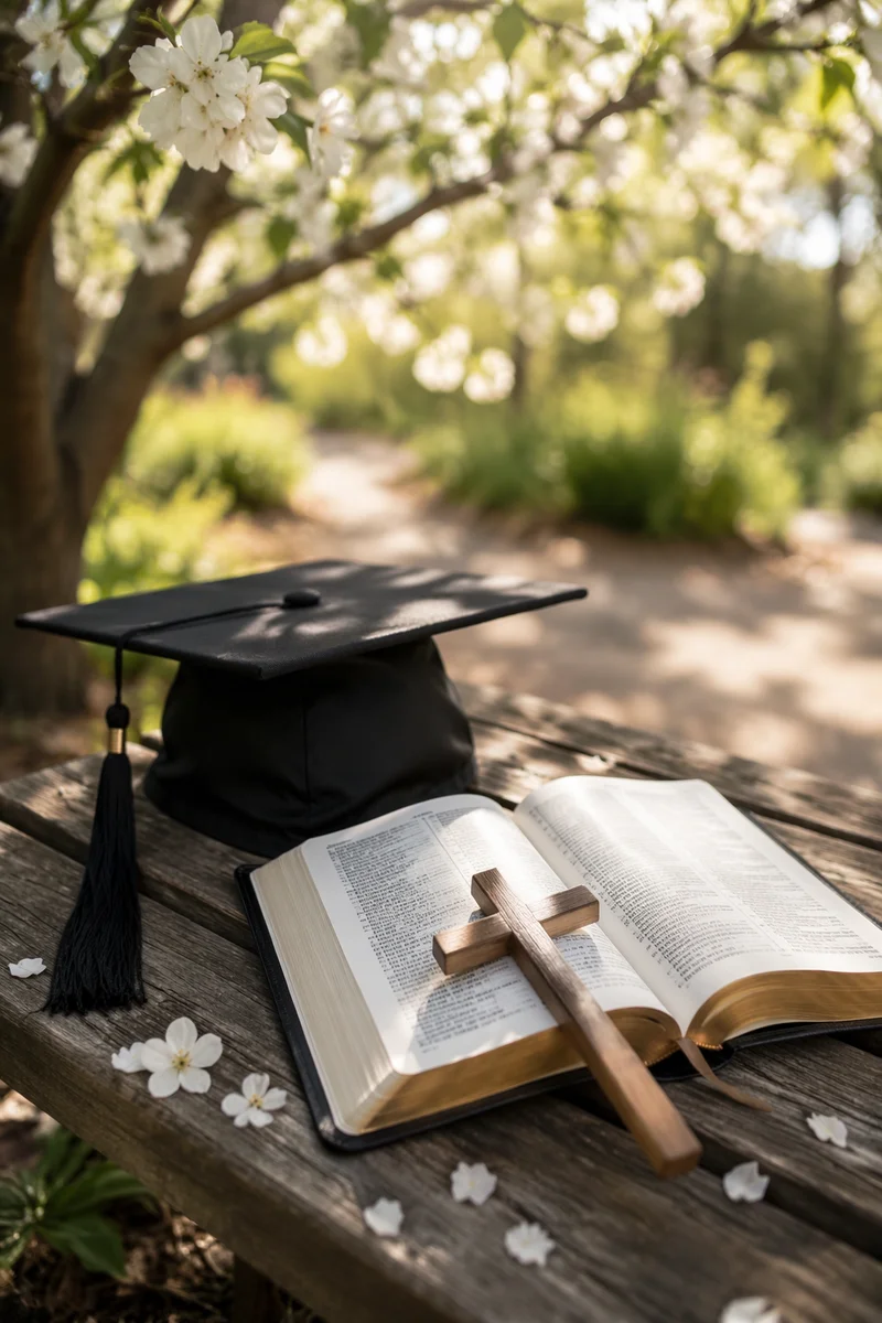 Graduation Cap Bible and Cross in Spring