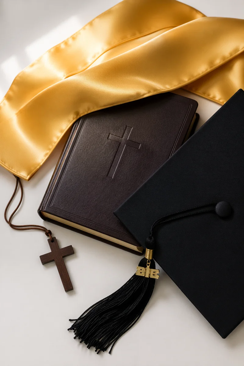 Graduation Cap Bible and Cross Flat Lay