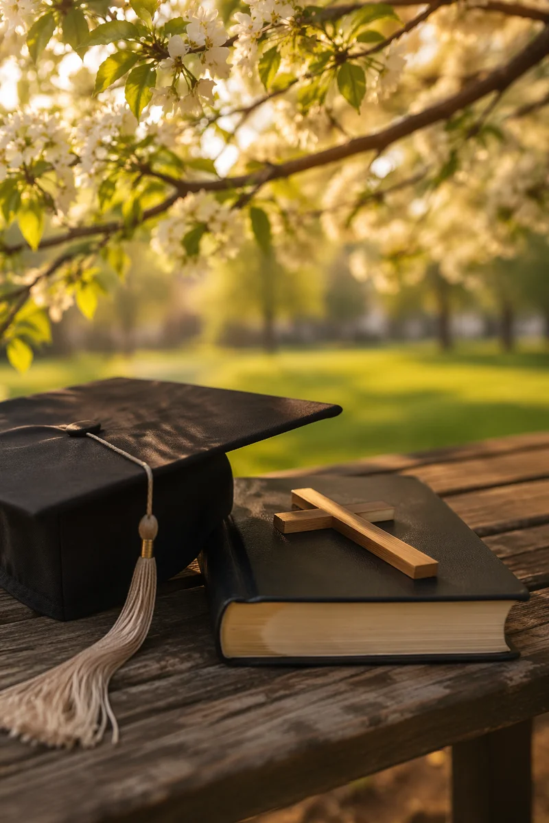 Graduation Cap Bible and Wooden Cross