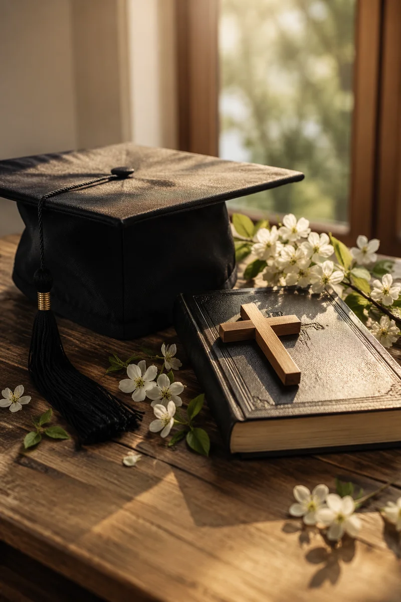 Graduation Cap Bible and Cross Still Life
