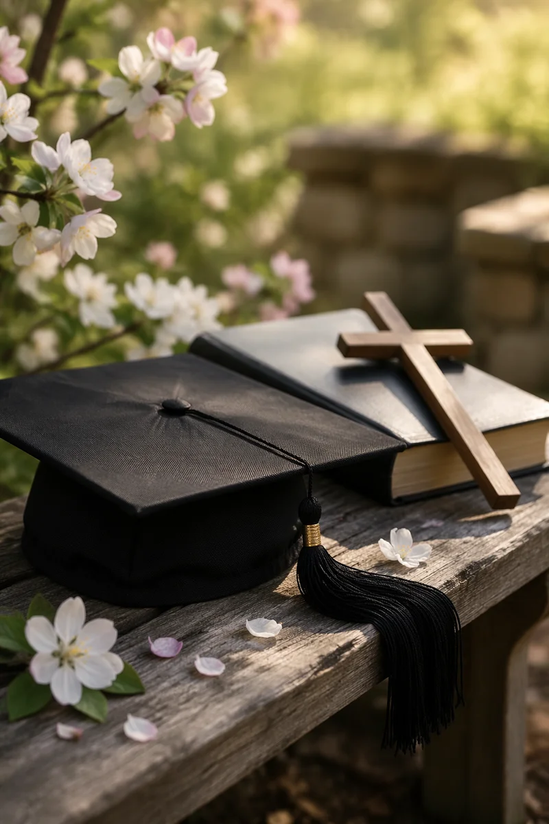 Graduation Cap with Bible and Wooden Cross