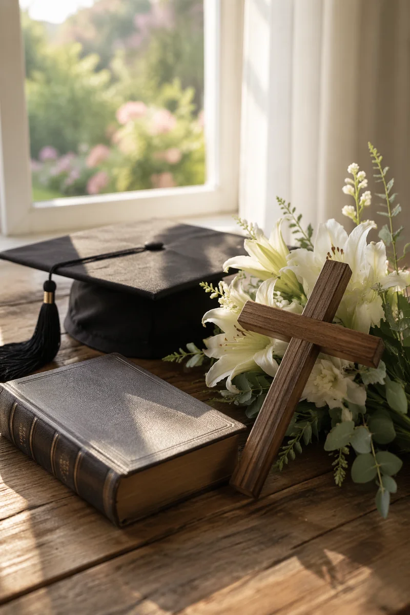 Graduation Cap with Bible and Cross