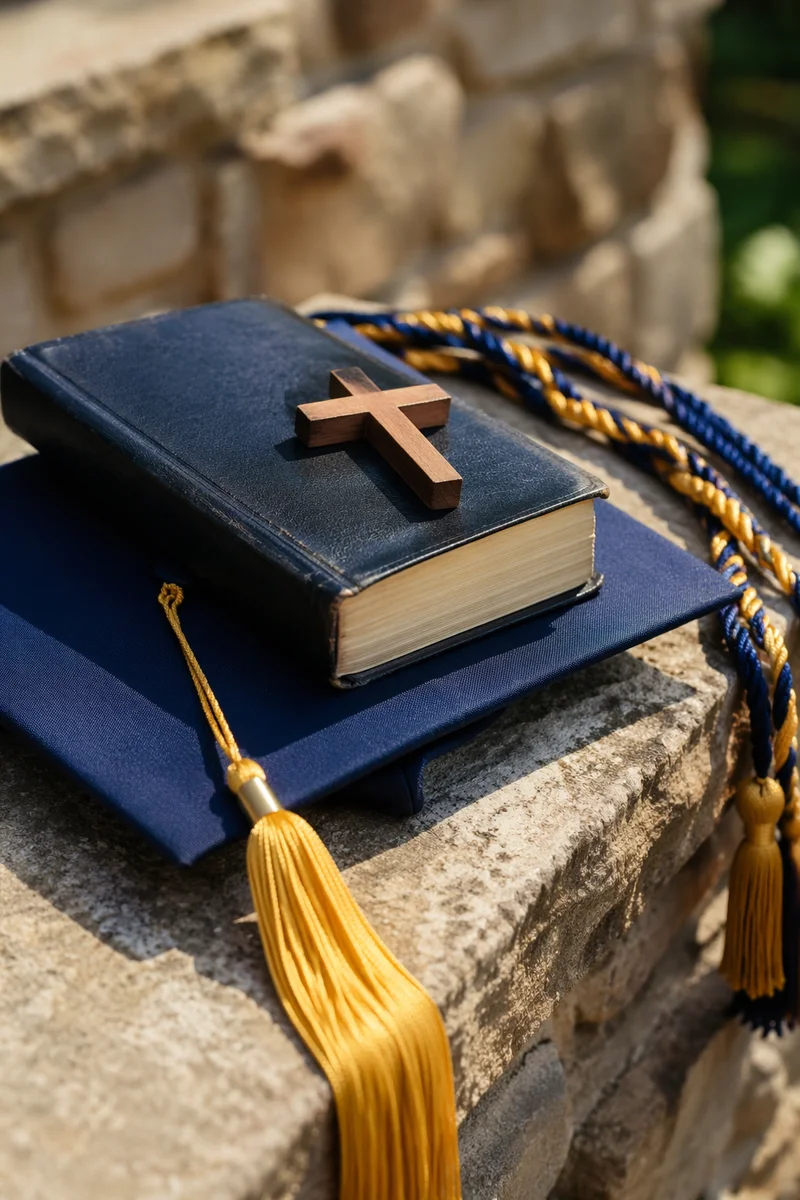 Graduation Cap Bible and Wooden Cross