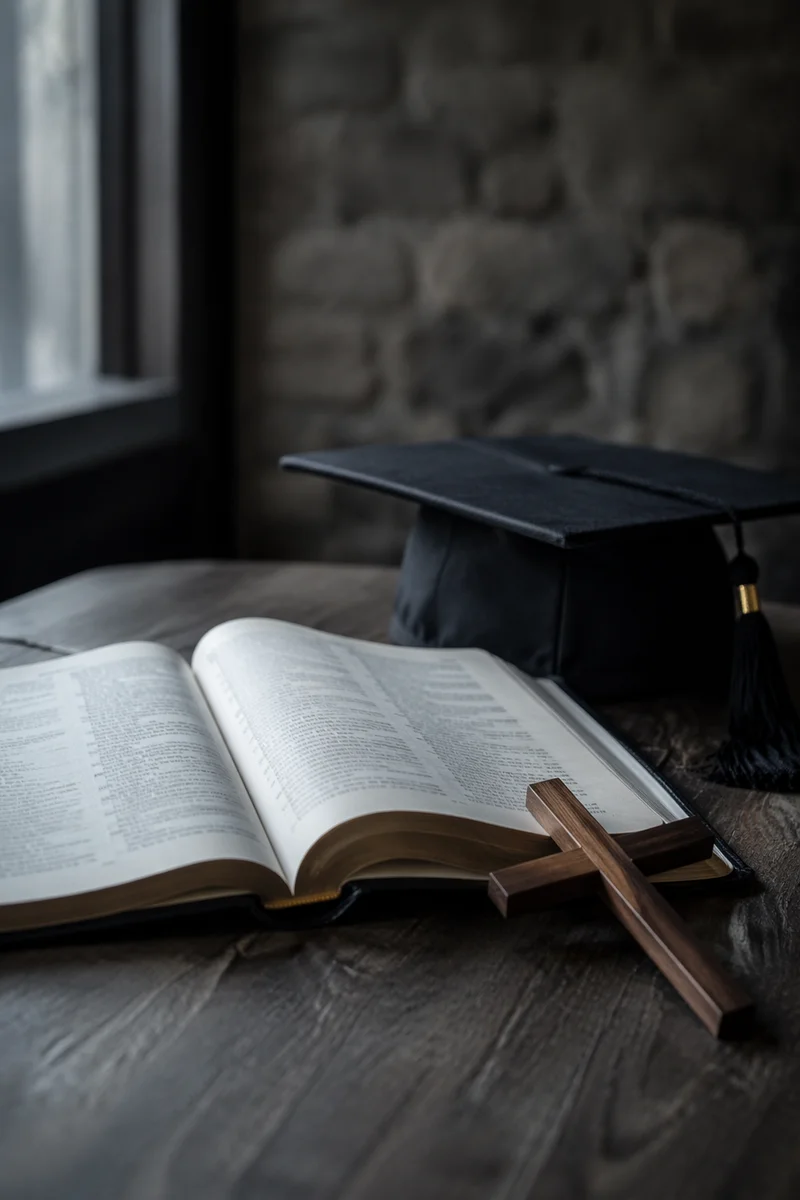 Graduation Cap Beside Bible and Wooden Cross
