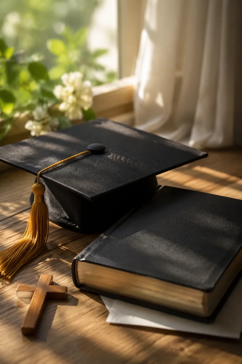 Graduation Cap Bible and Wooden Cross