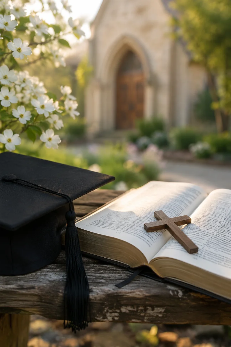 Graduation Cap Bible and Wooden Cross