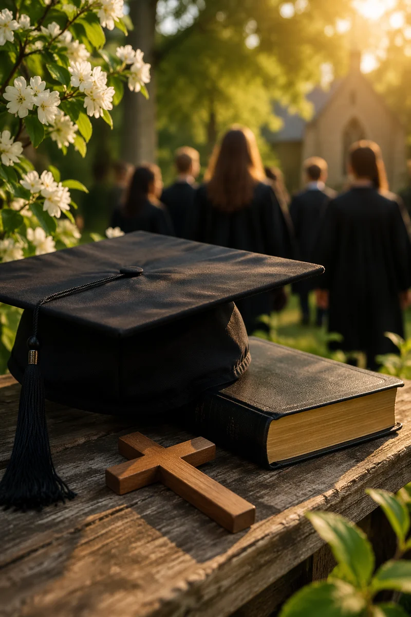 Graduation Cap Bible and Cross in Chapel Garden