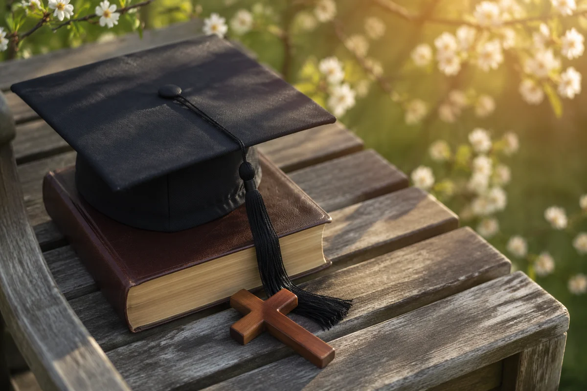 Graduation Cap on Bible with Cross
