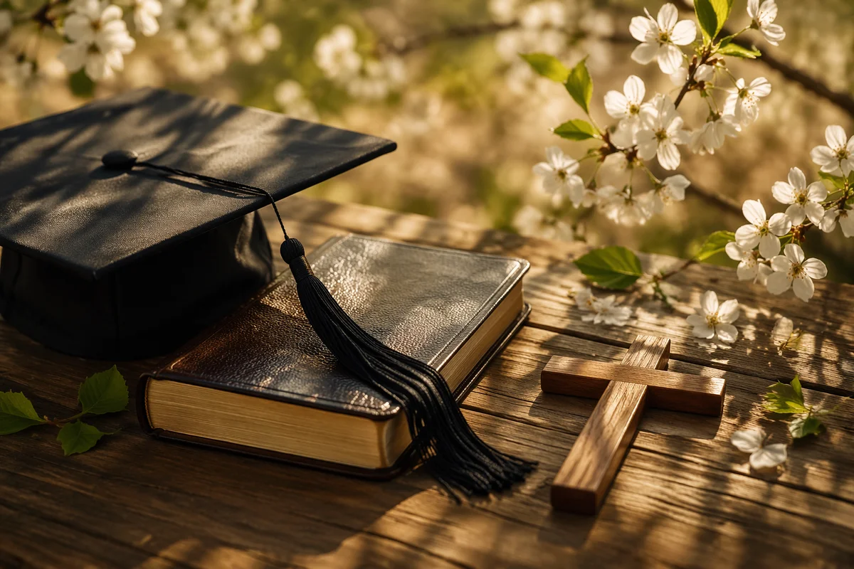 Graduation Cap Beside Bible and Wooden Cross