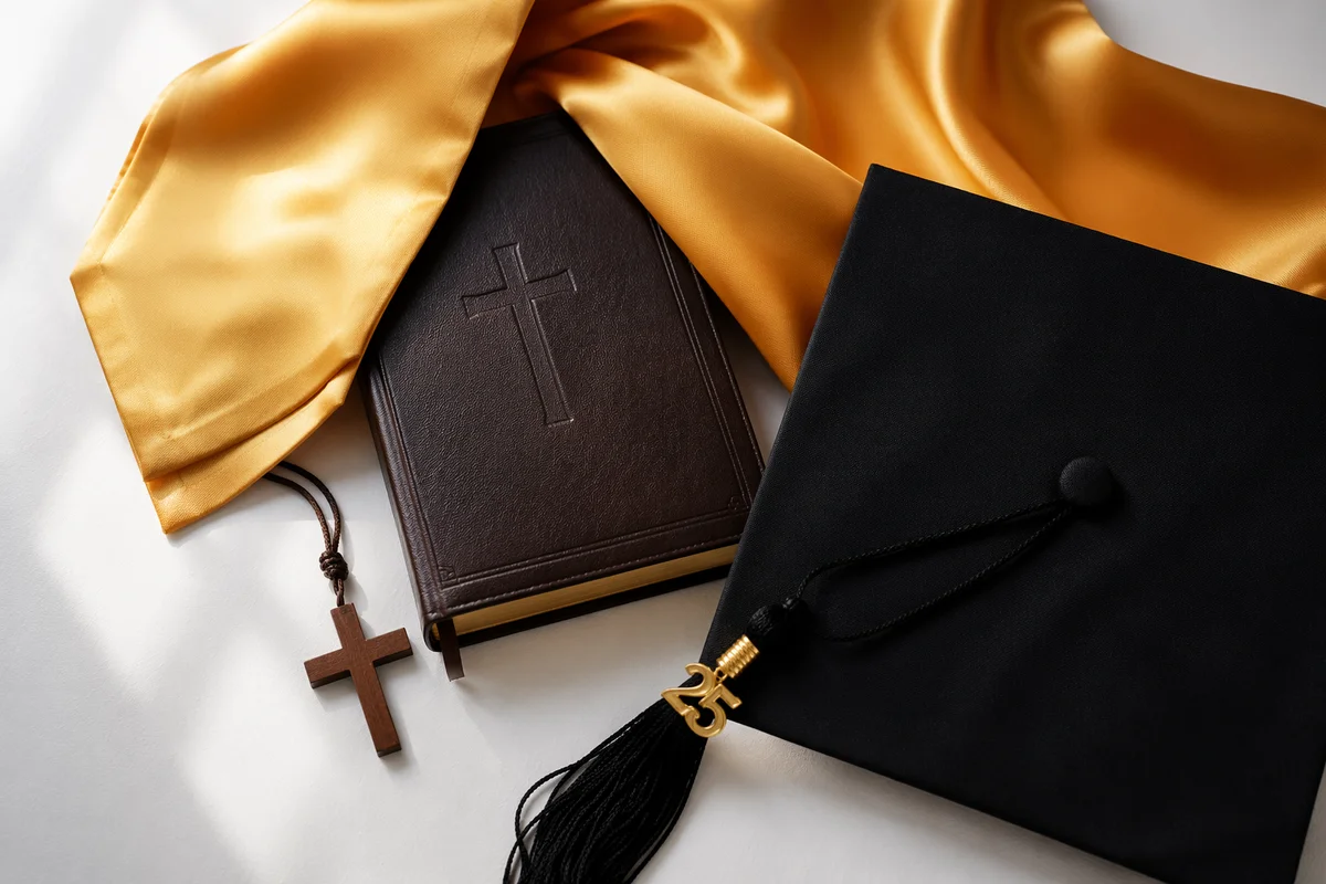 Graduation Cap, Bible, and Cross Flat Lay