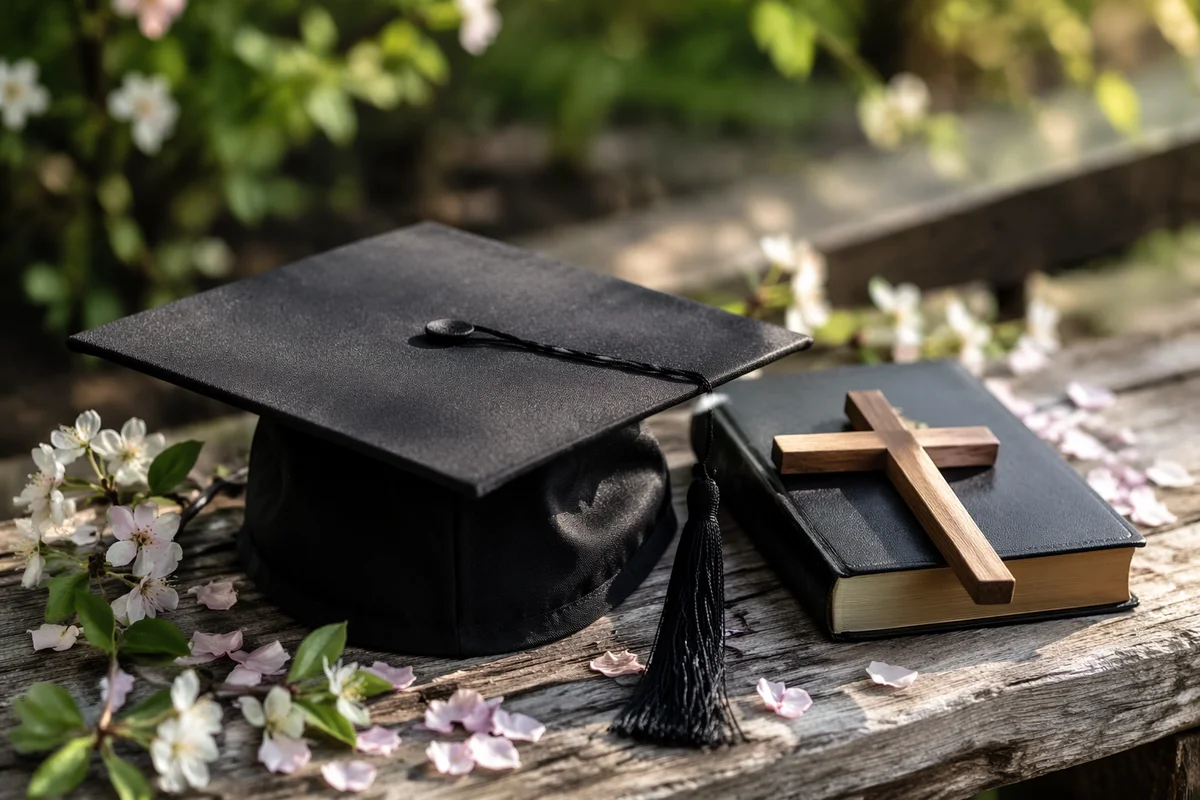 Graduation Cap Bible and Cross on Bench
