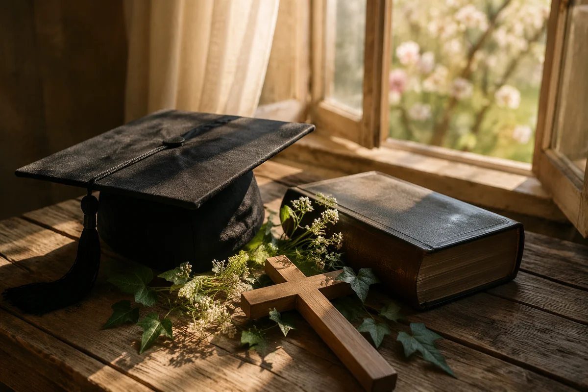 Graduation Cap Bible and Wooden Cross