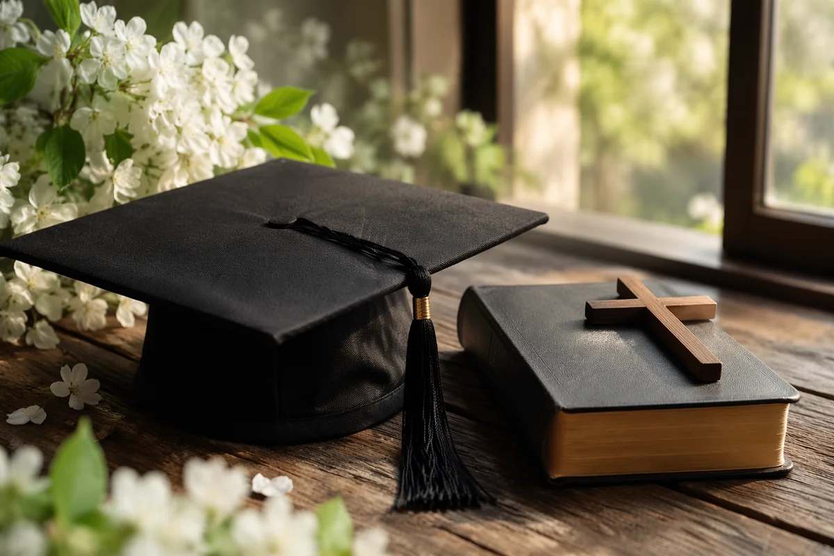 Graduation Cap Bible and Wooden Cross
