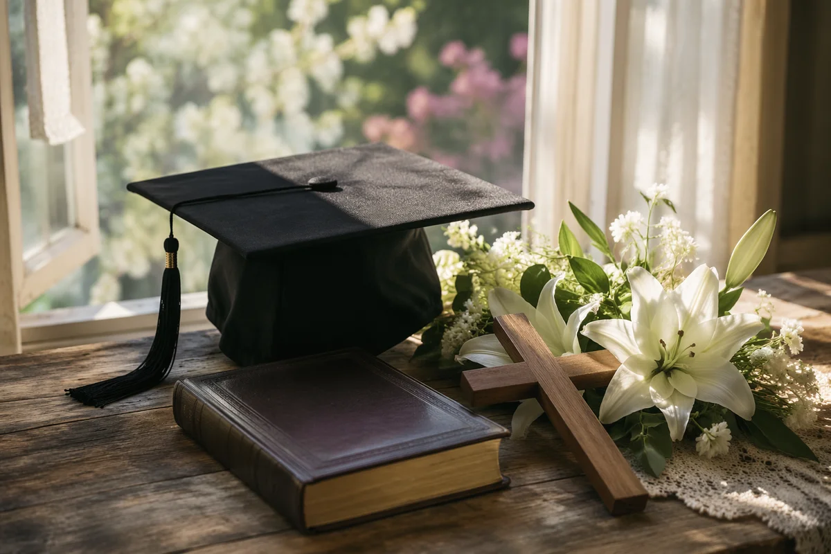 Graduation Cap Bible and Cross with Lilies